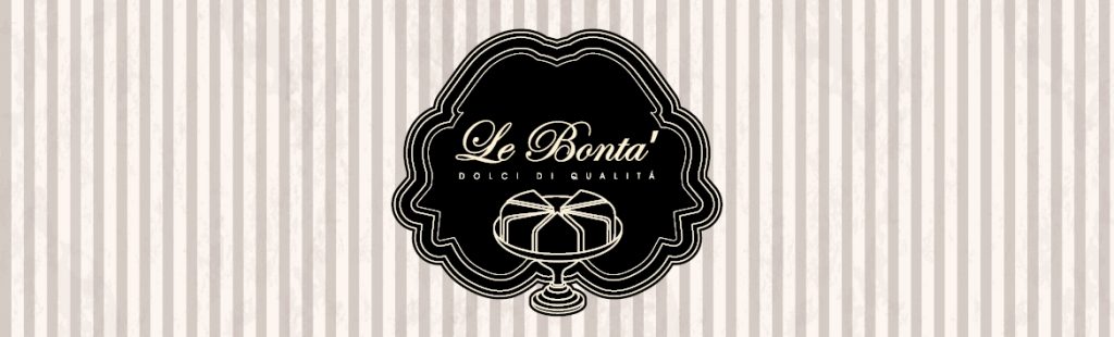Logo Le Bontà Dolci di Qualità su sfondo a righe beige e bianche.